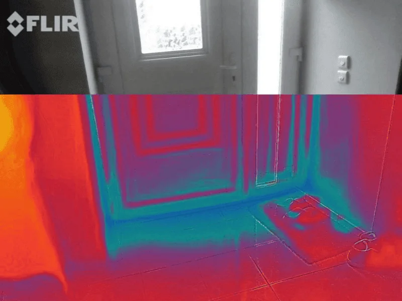 Thermographie infrarouge révélant des pertes de chaleur sur une habitation bretonne, Okmont
