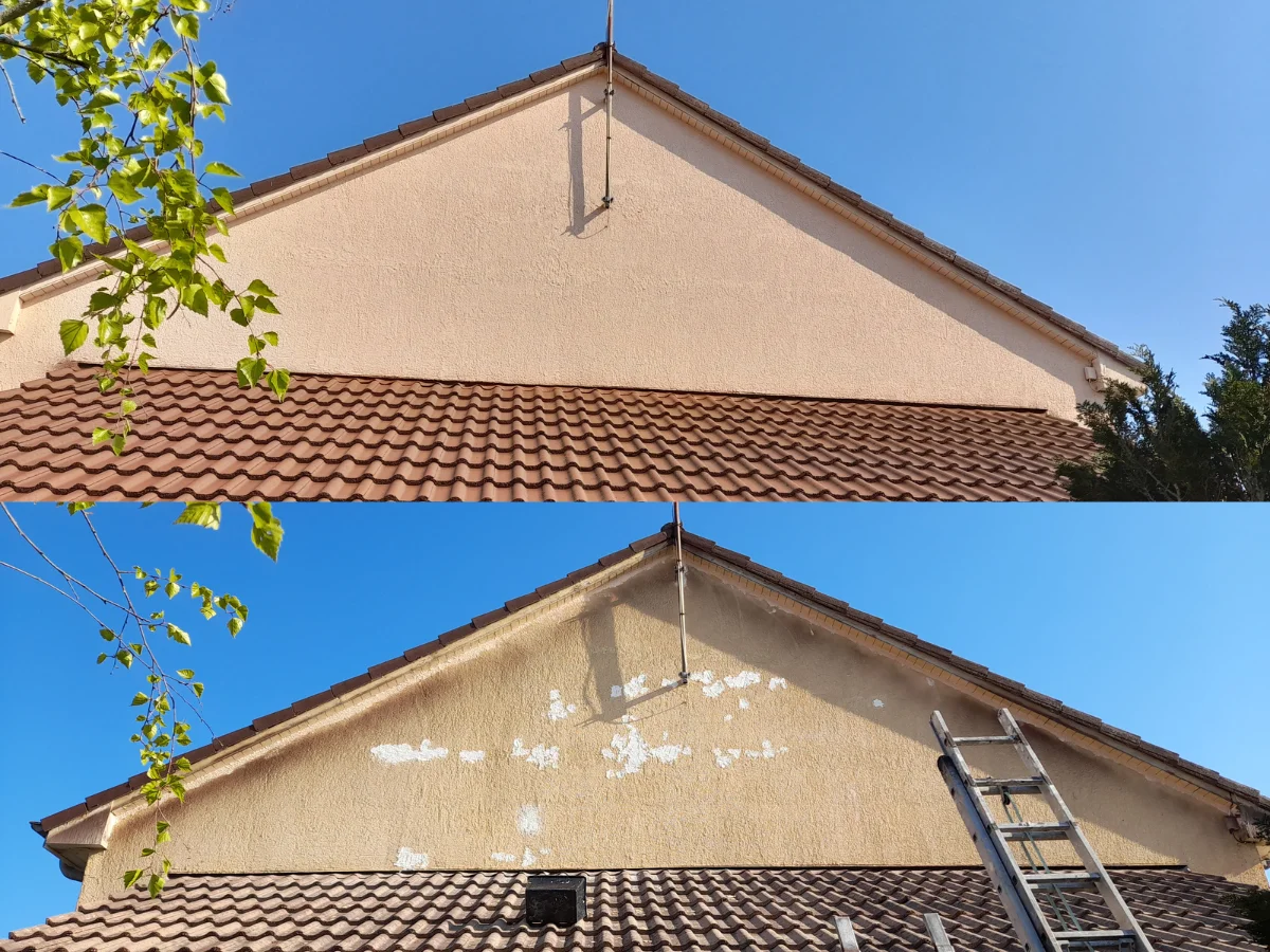 Technicien Okmont lors d'un nettoyage haute pression de façade à Rennes